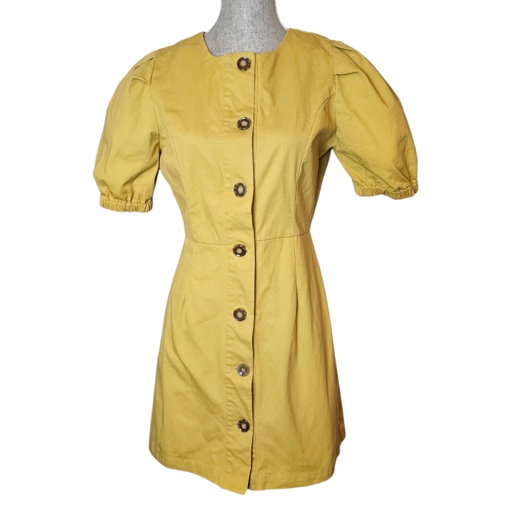 Yellow Fall 100% Cotton Dress Size M Puff Short Sleeve Button-Front Twee Twill